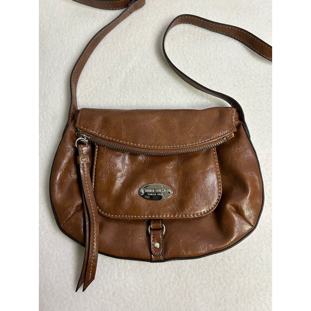 Boho Minimalist Nine West Women Small Brown Faux Leather Crossbody Saddle Bag
